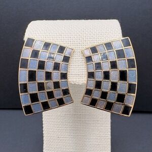 Vintage Crown Trifari Art Deco Style Checkered Clip on‎ Earrings Gray Black